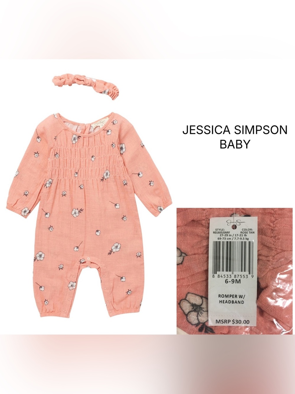JESSICA SIMPSON BABY - 6/9M - NWT - 2PC PINK FLORAL JUMPSUIT AND HEADBAND